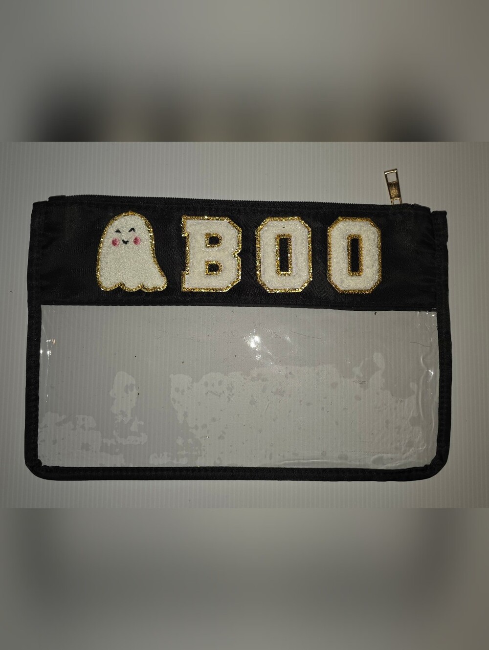 BOO Ghost Black Halloween Bag Clear Chenille Letter Storage Organizing Travel